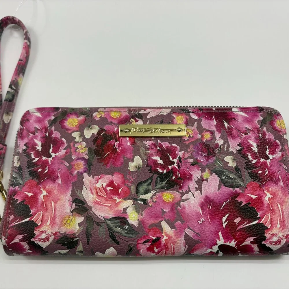 BETSEY JOHNSON Pink/ Black Floral Watercolor Wristlet/ Clutch/ Wallet - NWOT